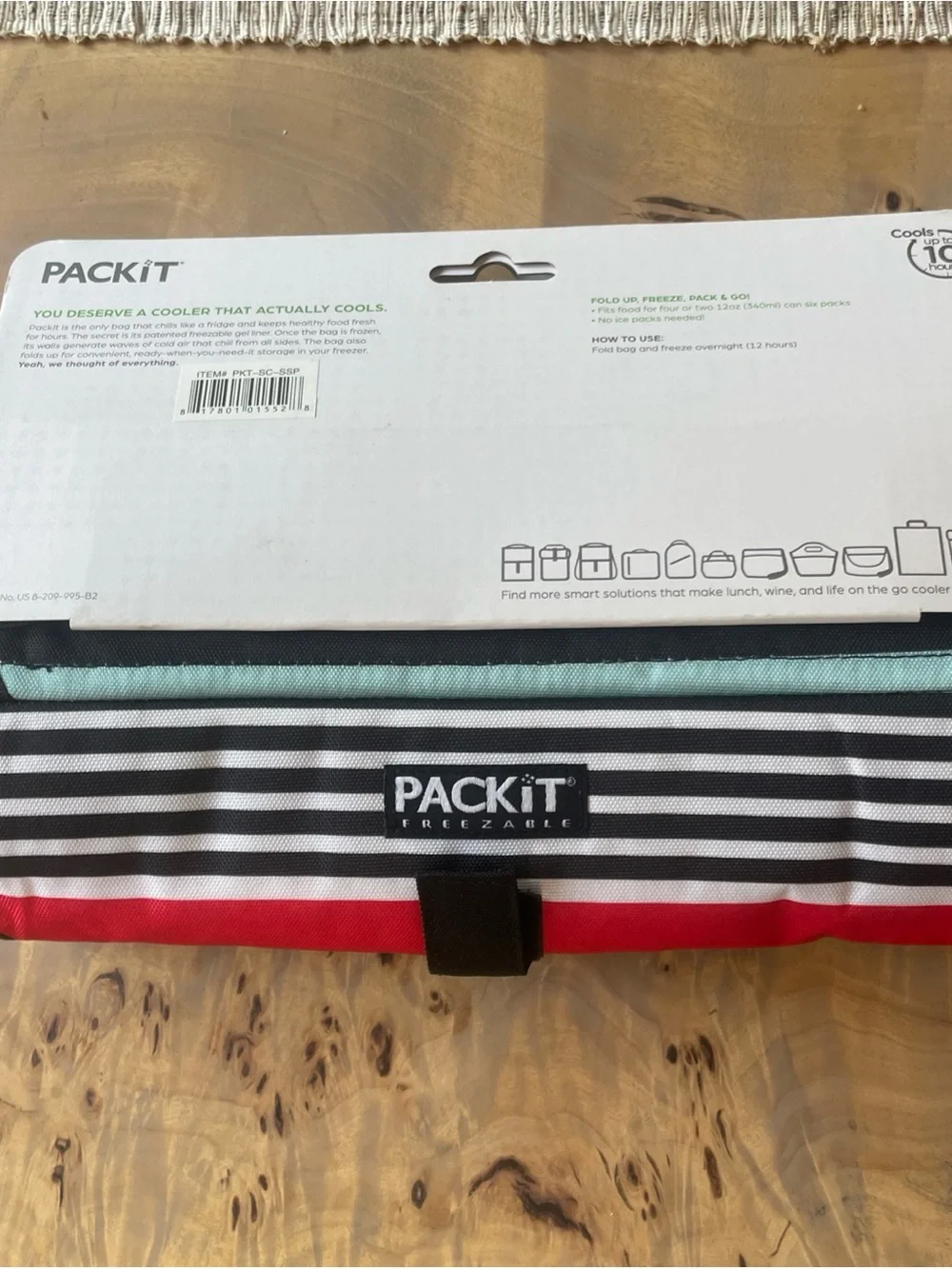Packit Freezable Picnic Bag Large striped Insulated Food For Up To 4 No Ice Nes